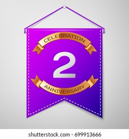 Realistic Purple pennant with inscription Two Years Anniversary Celebration Design on grey background. Golden ribbon. Colorful template elements for your birthday party. Vector illustration