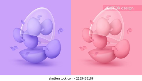 Estuche de huevo mate realista morado, rosa abierto, con cúpula de vidrio, cinco mini huevos. Afiche feliz de Pascua. Ilustración vectorial para tarjeta, fiesta, diseño, volante, banner, web, publicidad.