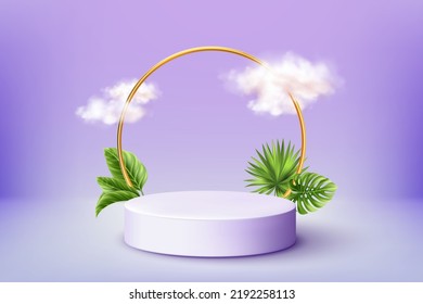 Realistic Purple product podium with golden round arch, plm leaf and clouds. Product podium scene design to showcase your product.