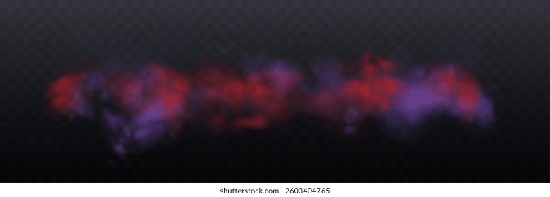 Realistic purple and red smoke or haze, overlay effect on a transparent background. Hot fire and flame, magic fog, vapor. Abstract vector illustration