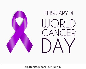 Realistic purple ribbon, world cancer day symbol, sign of support. February 4 banner with plum tape, text and date. Vector illustration for website, header, flyer, poster, print, brochure.