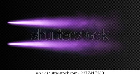 Realistic purple rocket flight trails isolated on transparent background. Vector illustration of neon laser beam effect, blaster attack, gun bullet, magic power strike lines. Game design element