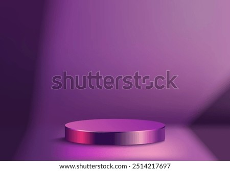 Realistic purple round podium. Geometric metal round shape for product branding. Cylinder mockup scene. 3D vector background.