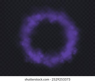 Círculo de fumaça roxo realista ou névoa em um fundo transparente. Nevoeiro mágico, vapor. Ilustração vetorial.
