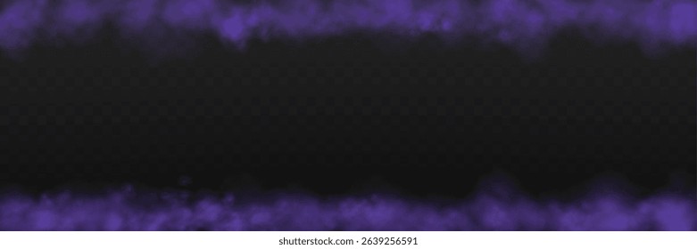Realistic purple smoke or haze frame, overlay effect on a transparent background. Hot fire and flame, magic fog, vapor. Abstract vector illustration