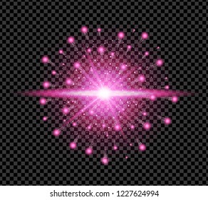 Realistic purple sparkle effect isolated on transparent background. Firework, explosion, galaxy, fiery sparks concept. Vector illustration