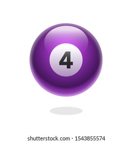 Realistic purple sphere. Violet billiard ball with number four. Vector 3d illustration. Glossy shiny ball with number 4. Shiny ball with number for billiard snooker pool games. Sport icon. Purple ball