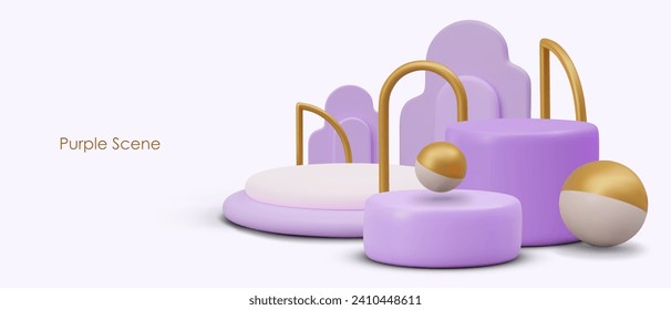Realistic purple stage with geometrical forms. Placard with balls, arches