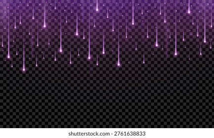 Realistic purple starfall isolated on transparent background. Stars, glitter, sparkles fireworks falling down. Festive celebration element. Vector illustration