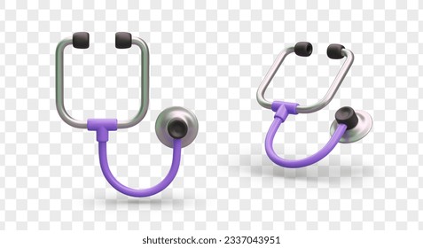 Realistic purple stethoscope. Device for listening to lungs, heart, pulse. Tool of cardiologist, pulmonologist, therapist, pediatrician. Vector image with metal and plastic texture