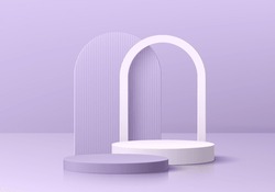 Realistic Purple, White 3D Cylinder Pedestal Podium With Arch Shape Background. Minimal Scene For Mockup Products, Round Stage For Showcase, Promotion Display. Vector Geometric Forms. Abstract Room.