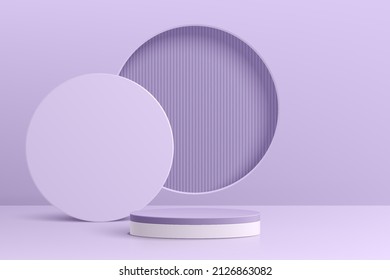 Realistic Purple And White 3D Cylinder Pedestal Podium With Geometric Circle Scene Background. Minimal Scene For Products Stage Showcase, Promotion Display. Vector Geometric Platform. Abstract Room.