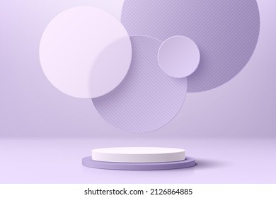 Podio peatonal de cilindros 3D púrpura y blanco con fondo de círculo flotante  Escena mínima para el escaparate de escenario de productos  pantalla de promoción  Plataforma geométrica vectorial  Sala abstracta 