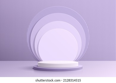 Realistic purple and white 3D cylinder pedestal podium with geometric circle layers background. Minimal scene for products stage showcase, promotion display. Vector geometric platform. Abstract room.