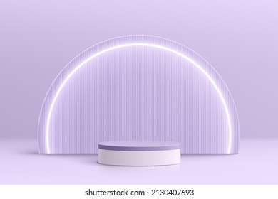 Realistic purple and white 3D cylinder pedestal podium with glowing neon semi circle lamp. Minimal scene for products stage showcase, promotion display. Vector geometric platform. Abstract studio room