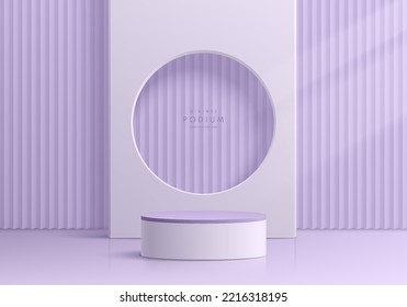 Realistic purple and white 3D cylinder pedestal podium with vertical pattern and circle window background. Minimal scene mockup products display, Stage showcase. Vector geometric forms. Abstract room.