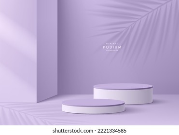 Realistic purple, white 3D cylinder pedestal podium with palm leaf shadow overlay background. Minimal scene mockup products display, Stage for showcase. Vector geometric forms. Abstract studio room.