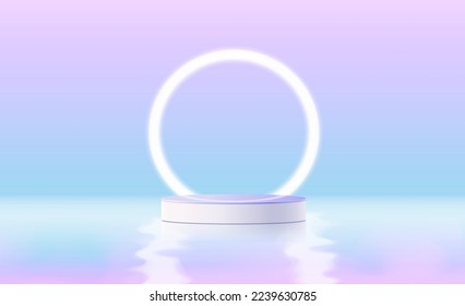 Realistic purple and white 3D cylinder pedestal podium with glowing neon circle lamp background. 
A minimal scene for products stage showcase, and promotion display. Vector geometric platform.
