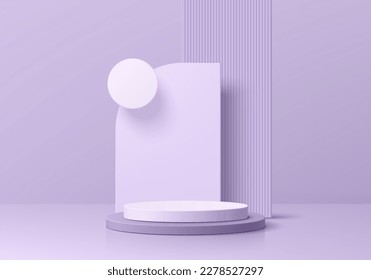 Realistic purple and white 3D cylinder pedestal podium background with geometric shape backdrop. Vector abstract empty room. Wall minimal scene mockup products stage showcase, Banner promotion display