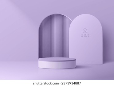 Realista podio peatonal de cilindro morado y blanco, fondo 3D con escena de la puerta de arco. Resumen de la presentación mínima de la maqueta o del producto, escenario para la muestra. Diseño geométrico vectorial de plataformas.