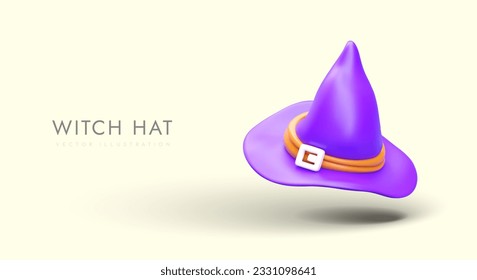 Realistic purple witch hat. Pointed hat with buckle. Accessories for costume party, Halloween, masquerade, cosplay. Concept for carnival clothing store