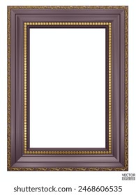 Realistic purple wooden vintage frame on white background.  Rectangle frames mockup. Classic Photo wood frame. Dark purple border for painting, poster, and photo gallery. 3d vector illustration.