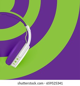 Realistic purple/green headphones, with wires on purple/green circle background, vector illustration