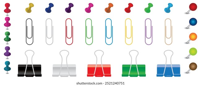 Realistic push pins and colorful paper clips vector set. Mega paperclips collection. Group of binder clip isolated on transparent.