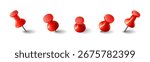 Realistic push pins. Push pin vector illustration. Red pin for pinning board. Set of push pins in different angles