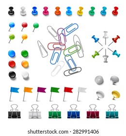 Realistic pushpins and colorful paper clips  set isolated vector illustration