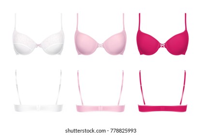 Realistic push-up bras vector illustration isolated on background, front and back view. Set of three models in different colors, white with lace, pink and magenta. Woman lingerie, templates for mockup