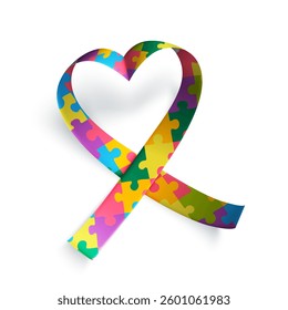 Realistic puzzle ribbon. Heart shaped Symbol of world awareness Autism Spectrum Disorder day, 2 of april. Design template, vector illustration