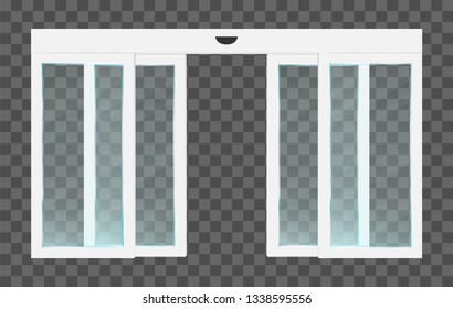 Realistic pvc white automatic transparent open sliding glass doors with motion sensor. Vector illustration of panoramic entrance