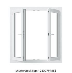 Realistic pvc window with clear glass panes, sturdy frame and smooth sliding mechanism for easy operation. Isolated 3d vector mockup of window with open sashes for modern homes or commercial buildings