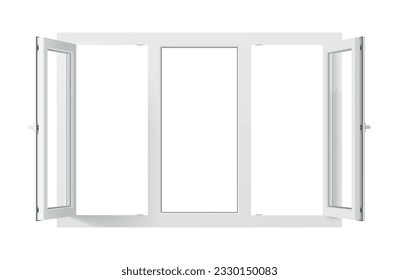 Realistic pvc window with double-glazed glass and authentic-looking hardware, two open casements and durable frame. Isolated 3d vector energy-efficient design for home, office or building project