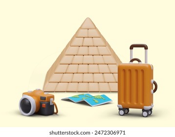 Realistic pyramid, suitcase, camera, world map. Color vector composition