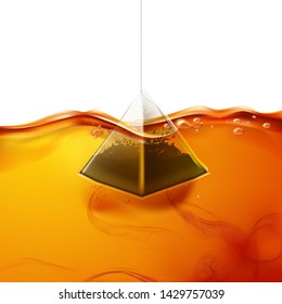 Realistic pyramid teabag dipped into hot water. Black tea swirls in fresh liquid. Sachet brewing in hot beverage flow. Antioxidant healhty drink package vector design.