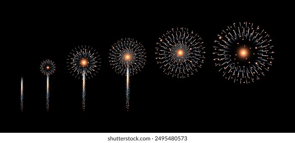 Pirotecnia realista y Ilustración vectorial de fuegos artificiales coloridos sobre fondo negro