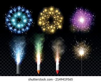 Realistic pyrotechnics. Festive fireworks types. 3D holiday explosions and roman candles. Rockets and sparkling fountain. Bengal light. Glowing petard bursts. Vector