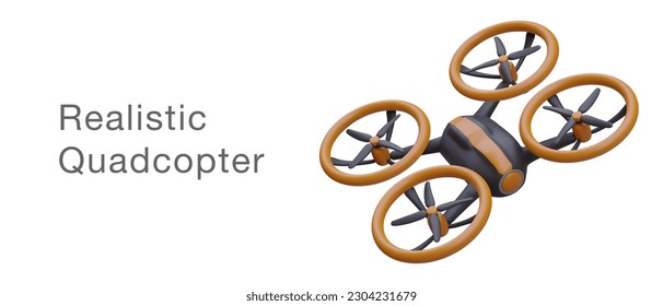 Realistic quadcopter, top view. Flying vehicle for surveillance, aerial agro reconnaissance. Poster for advertising air delivery services. Transportation of goods to inaccessible location