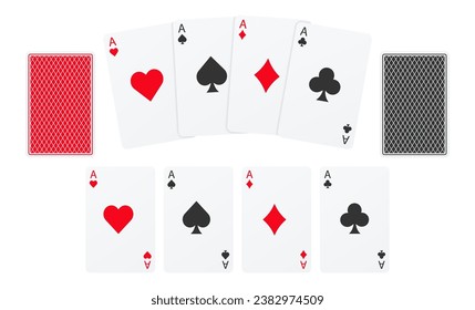 Realistische Quads stehen auf. Glücksspiel. Poker spielen. Kartenkare einzeln auf weißem Hintergrund. Gewinnkombination. Casino-Spiele. Glücksspiel, Blackjack und Baccarat. Vektorgrafik