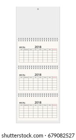 Realistic quarterly calendar on three spirals, card for your design. Russian version. Mock up, vector illustration. Blank wall calendar for three months. 