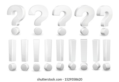 Realistic question and exclamation marks. Attention mark, questioning symbol and issue sign. Guestion mark, alphabetical ask point. Isolated vector 3D illustration icons set