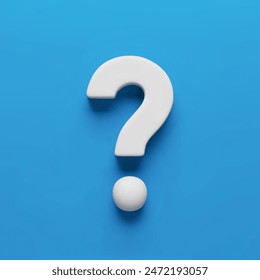 Realistic question mark, white realistic symbol on blue. Interrogation mark icon with 3d effect. FAQ, support, help, problem solution mark symbol three-dimensional rendering vector illustration