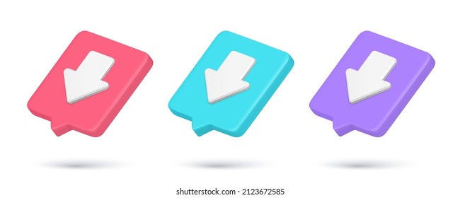 Realistic quick tips downward arrow download direction pointer 3d icon collection vector illustration. Set down navigation point interface cursor online notification upload designator mockup isolated