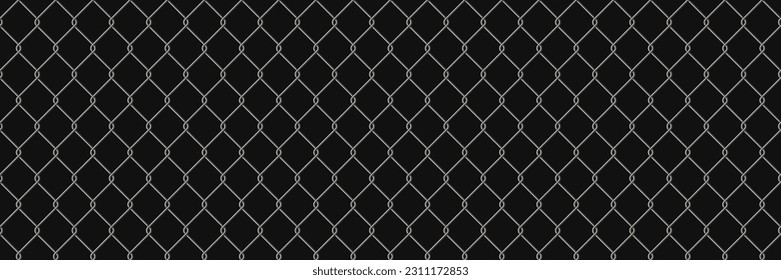 Realistic rabitz wire chain link fence seamless pattern. Steel lattice with rhombus shape. Metal grid fence background. Prison wire mesh seamless texture. Vector illustration on black background.