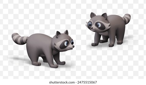 Realistic raccoon, view from different sides. Funny wild animal with striped tail