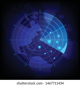 Realistic radar scan display on map blue earth background. Navy sonar searching targets on monitor. Vector illustration in flat design.