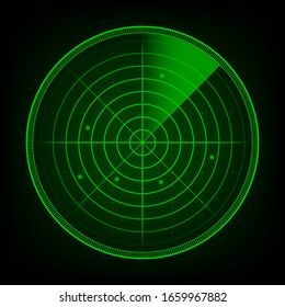 Radar realista en la búsqueda. Pantalla de radar con los objetivos. Ilustración de material vectorial.