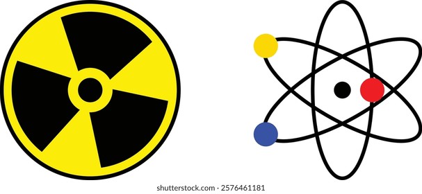 Realistic Radiation and Atom icon on the white background. Radioactive sign nuclear symbol. Electrons nuclear energy symbol.